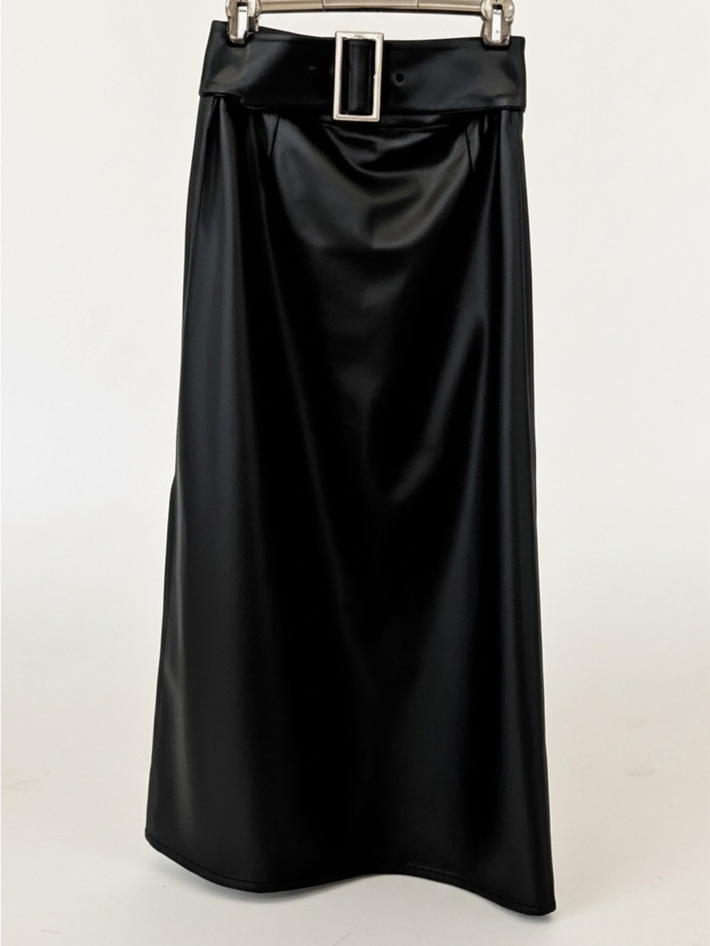 By Anthropologie Black Faux Leather Belted Midi Skirt Size 0